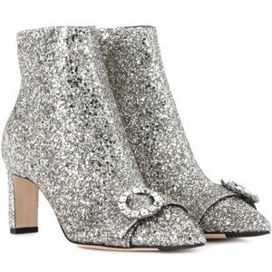 Jimmy Choo Hanover Chai Coarse Glitter Crystal Buckle Booties 37.5 / 7.5
